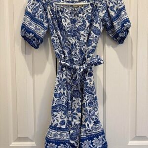 LOFT Blue and White Patterned Midi Dress